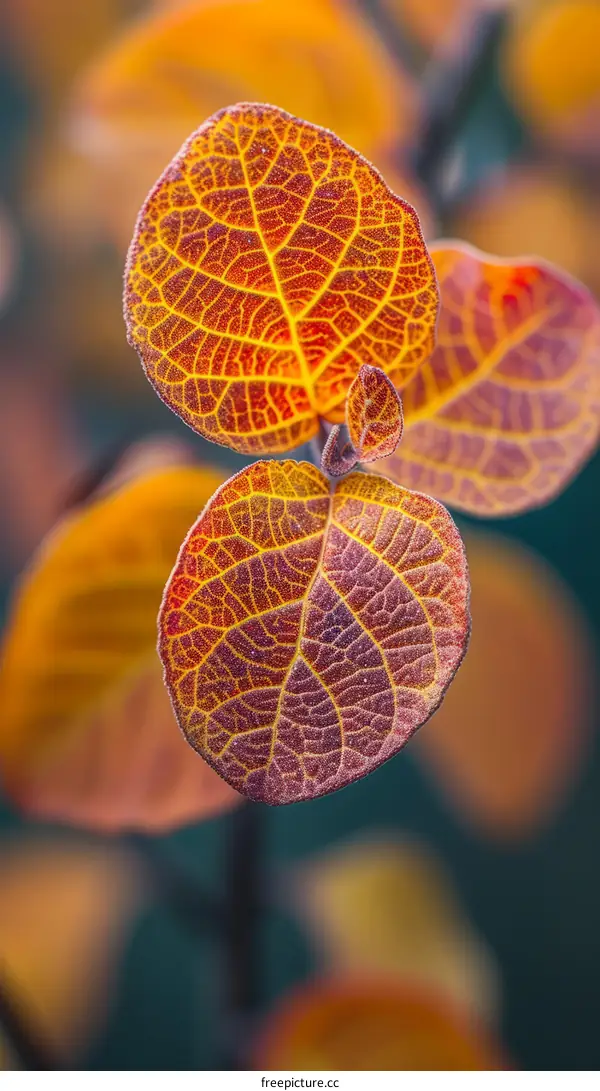 Close-up of colorful autumn leaves with intricate veins