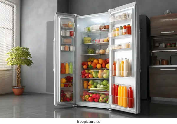 Modern Kitchen Refrigerator Filled with Fresh Produce and Beverages