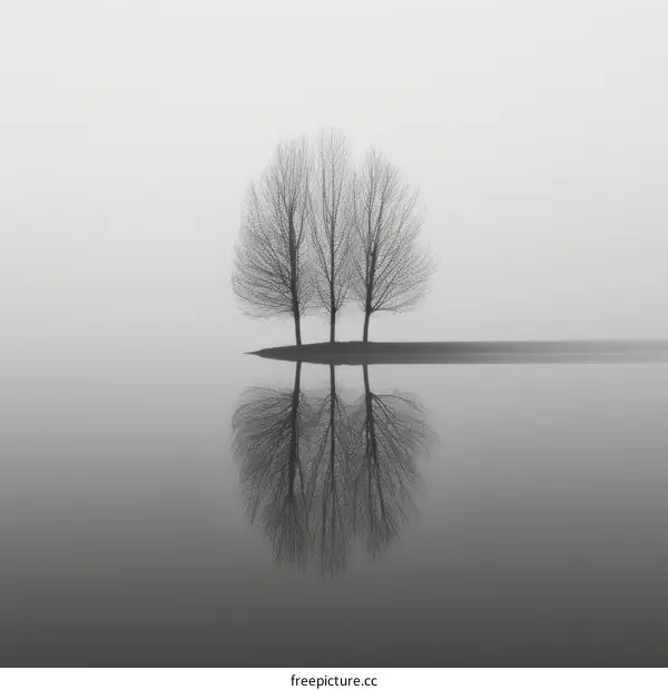 Mysteriously atmospheric lake and trees in the mist