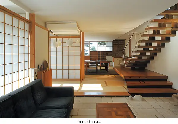 Modern Japanese Interior Design With Wooden Staircase And Sliding Doors