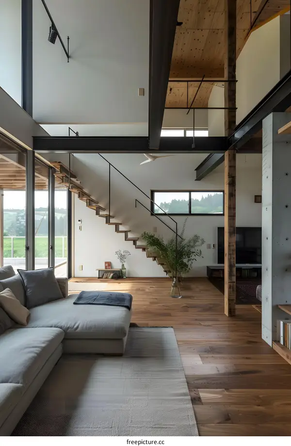 Modern Minimalist Living Room Interior Design With Wooden Floor And Staircase