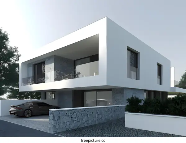 Modern Minimalist House with Stone Wall and Balcony
