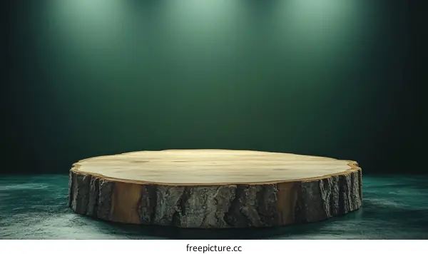 Wooden Slice Display Table in Dark Green Background