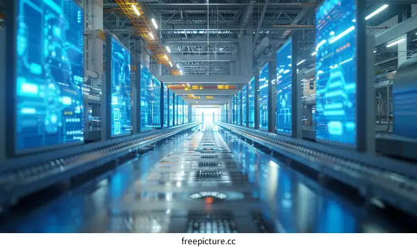 Futuristic factory interior with conveyor belt and digital screens