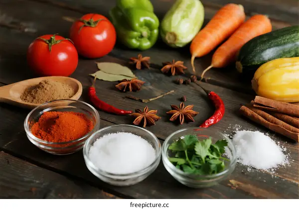 Fresh Vegetables and Spices on Wooden Table for Cooking