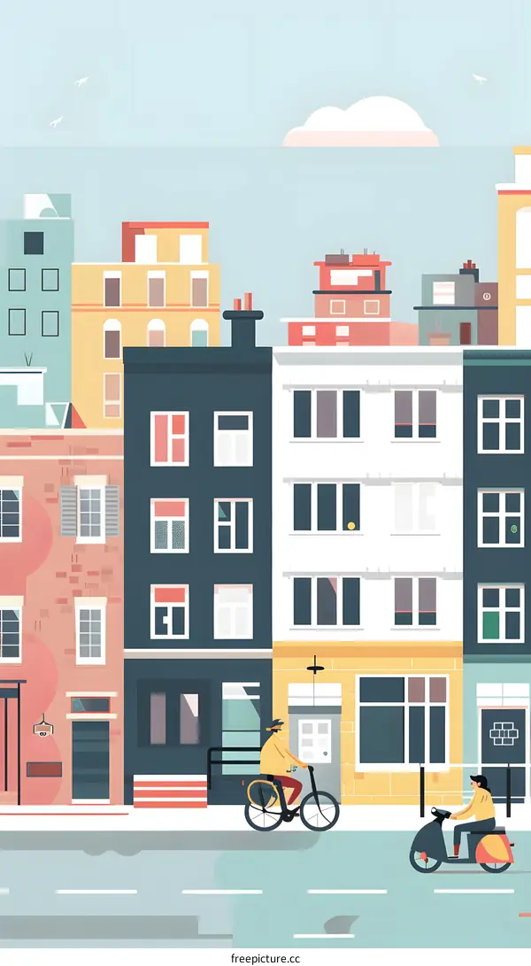 Modern Cityscape Illustration With People Riding Bikes and Scooters