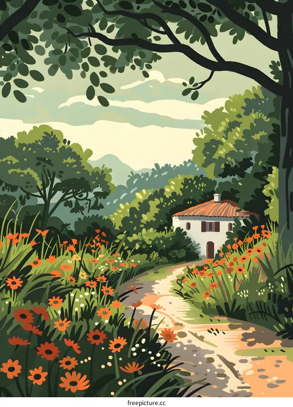 Beautiful Summer Scene with a Cottage in a Field of Flowers