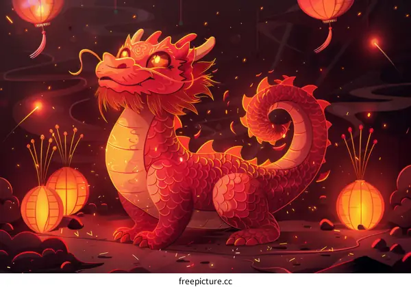 Red Dragon Stands in Front of a Fiery Background with Hanging Lanterns