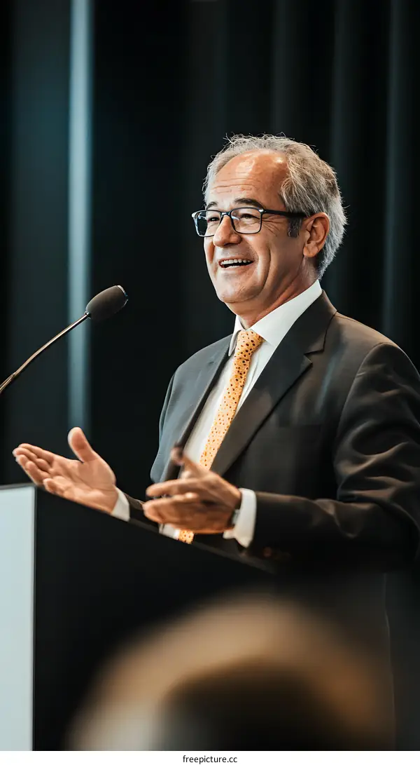 Businessman Speaking at a Conference with a Microphone