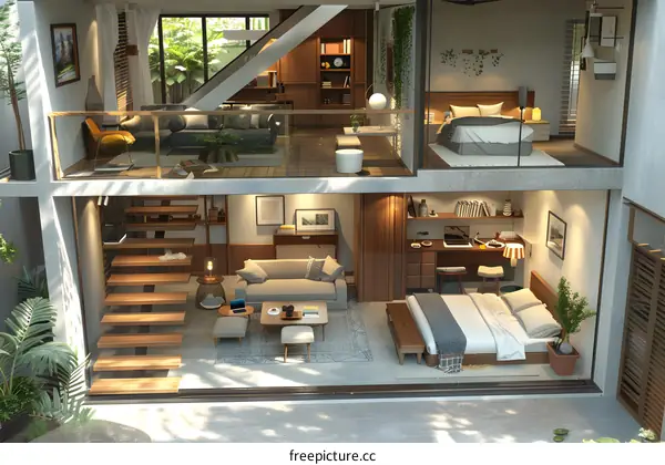 Modern Minimalist Home Interior Design with Wooden Stairs and Green Plants