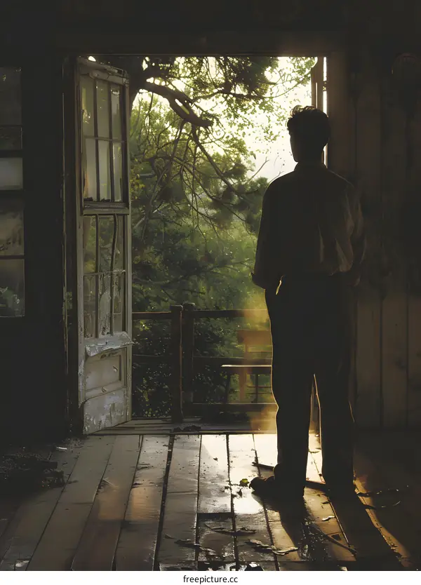 man looking out at the forest from a doorway