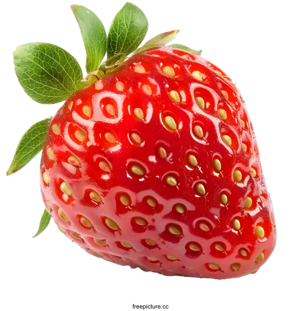 [Transparent Background PNG]Single Red Strawberry with Green Leaves on White Background