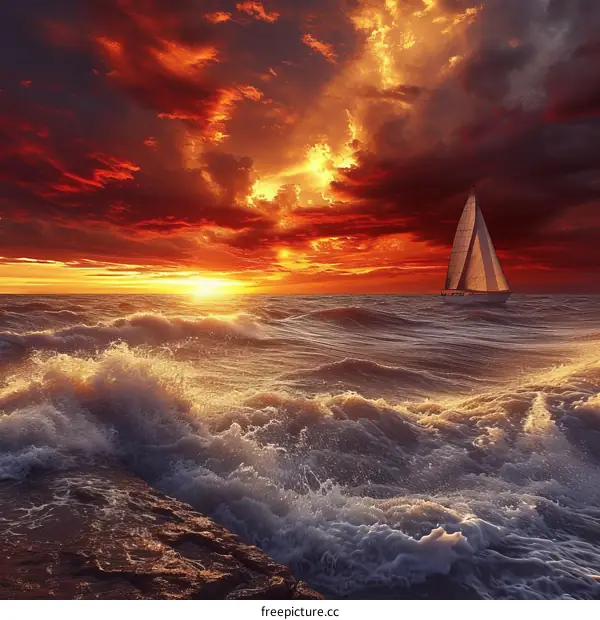 A sailboat on a rough sea with a stormy sky