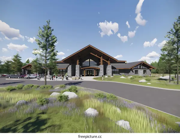 Modern Building With People And Landscaping