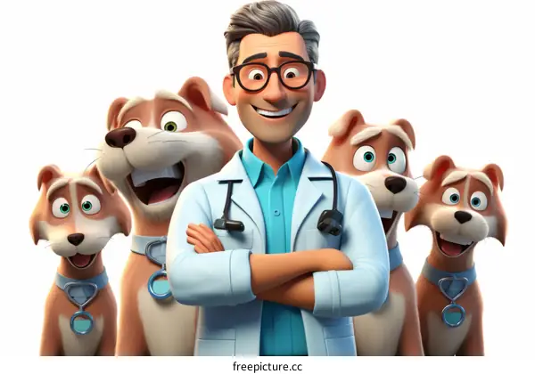 A veterinarian with four dogs
