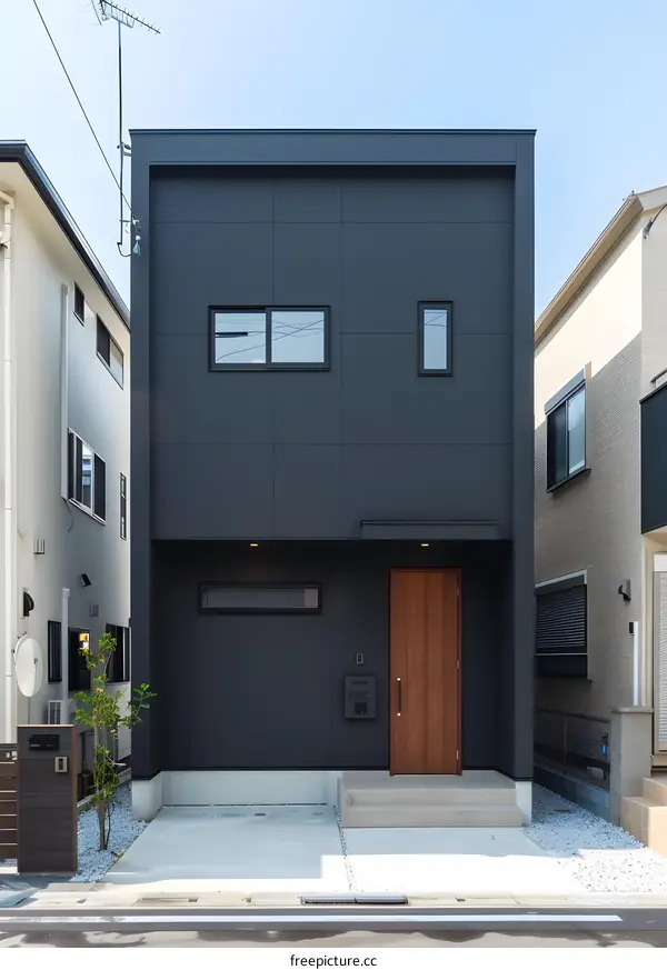 Modern Minimalist Black Facade House with Wooden Door