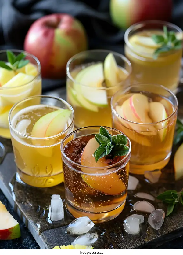 Apple Cider Cocktails with Mint Garnish on Wooden Tray