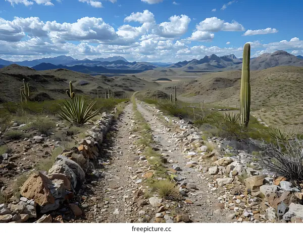 A dirt road winds through a desert landscape with mountains in the distance