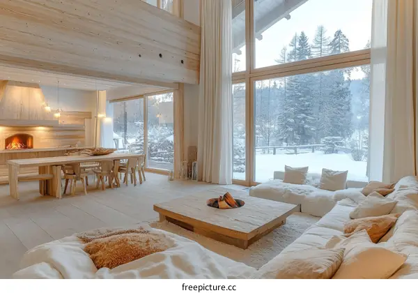 Cozy Winter Cabin Interior with Snowy Views