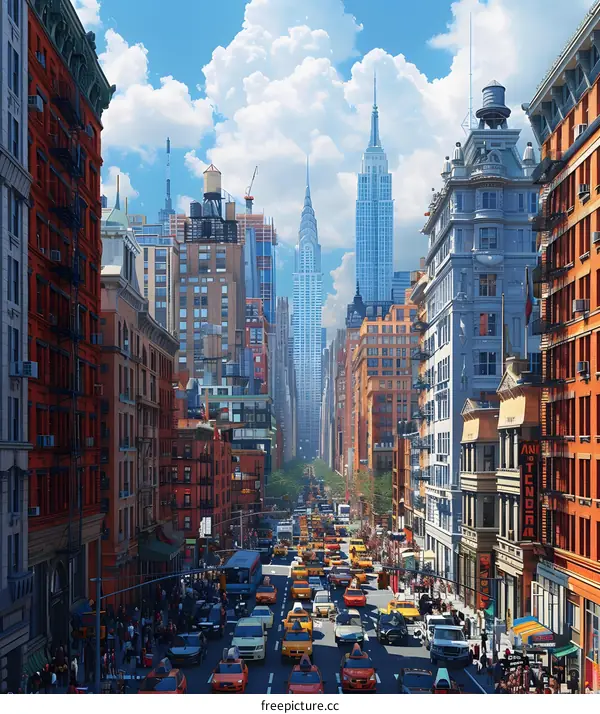 A bustling street in New York City with the Empire State Building in the distance