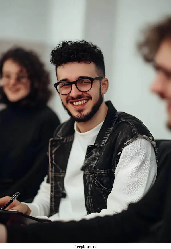 Smiling Man With Curly Hair Wearing Glasses And A Denim Jacket
