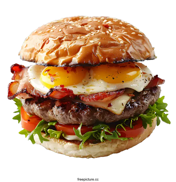 [Transparent Background PNG]Delicious Burger with Fried Eggs and Bacon