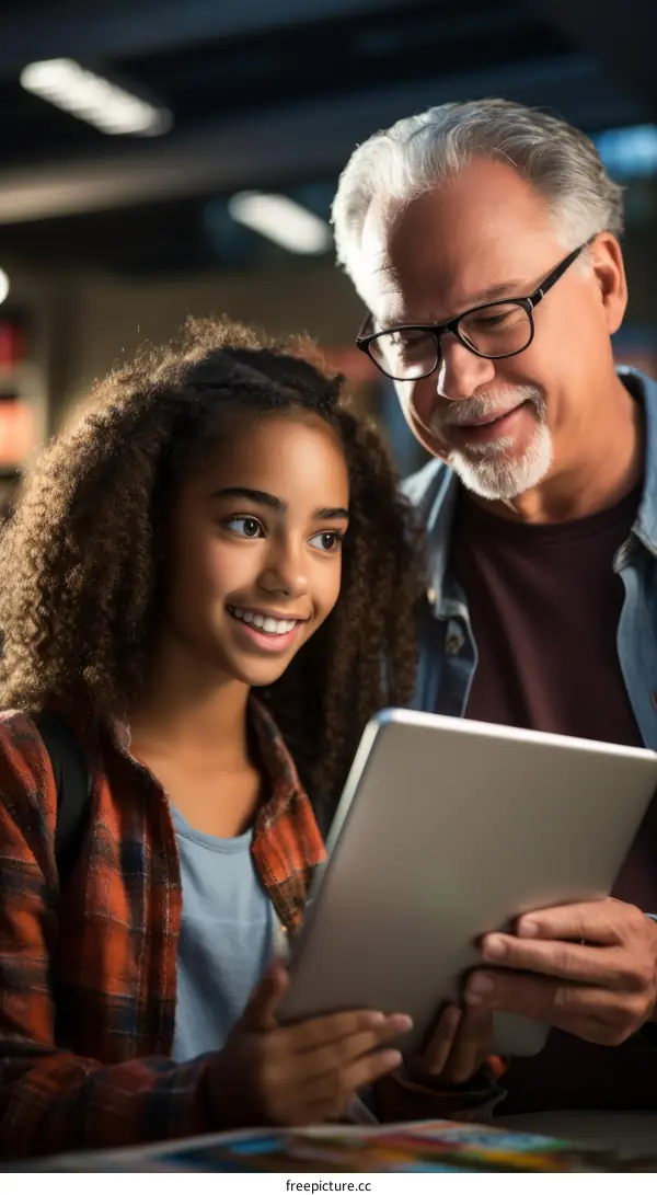 An Elderly Man and a Young Girl Smile at a Tablet