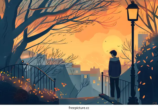 Man Standing on a Balcony in the City at Sunset