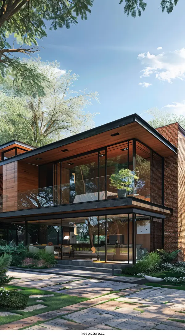Modern two-story house with brick and wood exterior and large glass windows