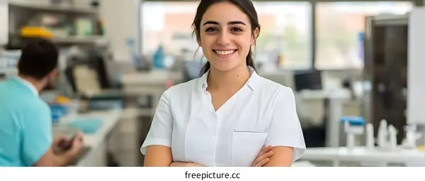 Smiling Female Doctor in a White Coat with Arms Crossed Standing in a Clinic