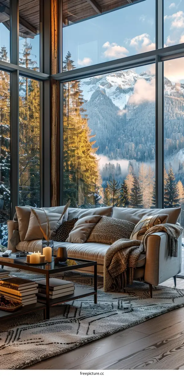 Cozy Mountain View Living Room with Winter Landscape