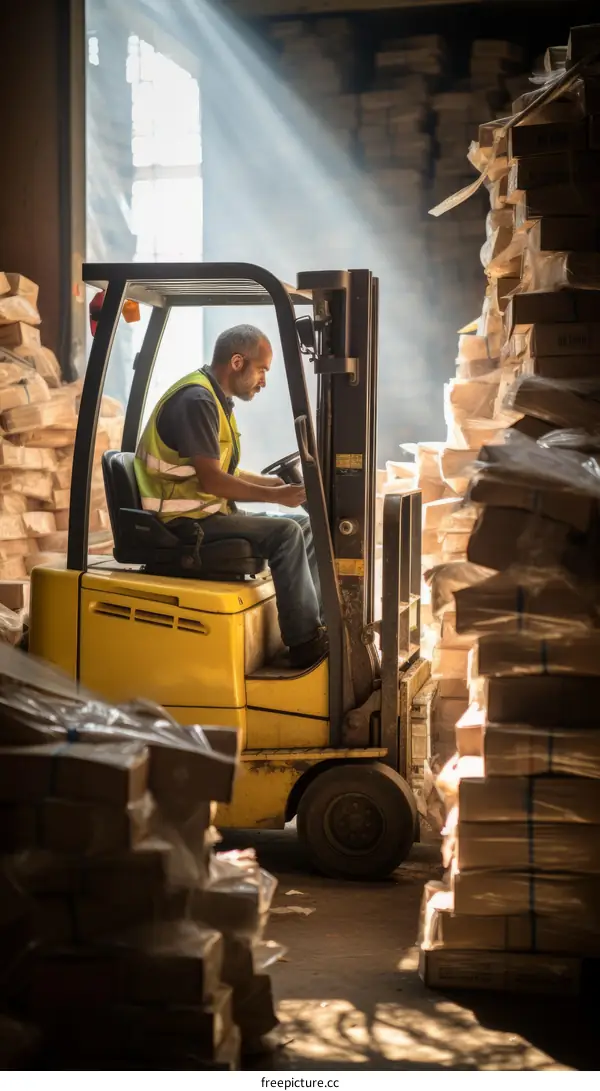 A warehouse worker operates a forklift in a warehouse full of boxes.