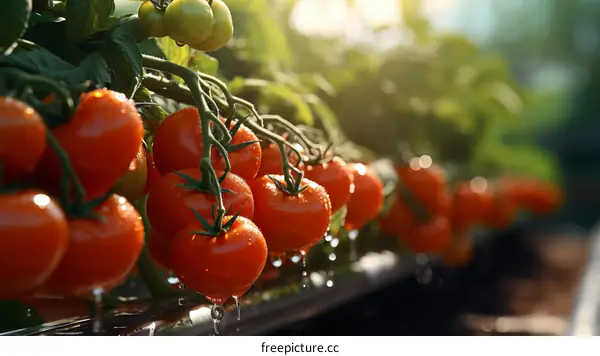Close-up of ripe tomatoes growing in a greenhouse
