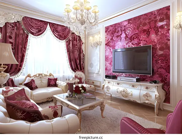 Luxury Living Room Interior Design With White Sofa And Red Curtains