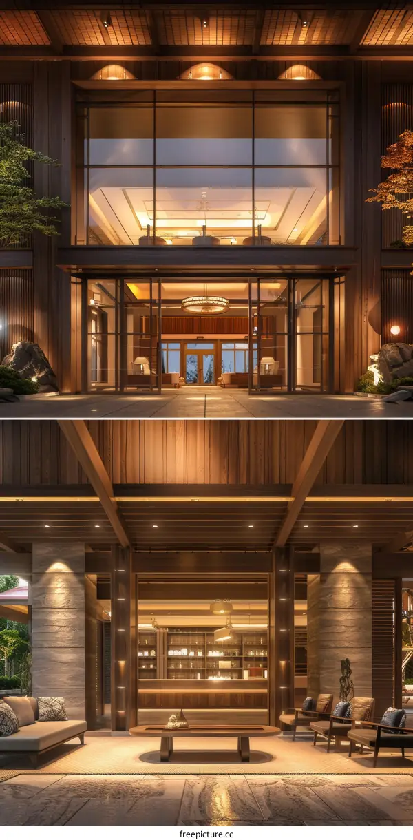 Modern Asian architecture hotel entrance and lobby interior design