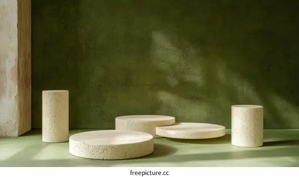 Beige Display Platforms Against Olive Green Background