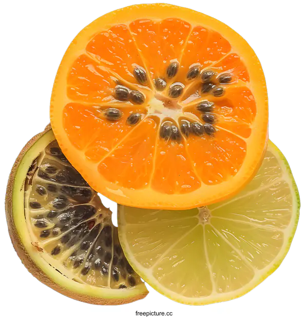 [Transparent Background PNG]Fresh Orange Lime and Passion Fruit Slices Isolated on White Background