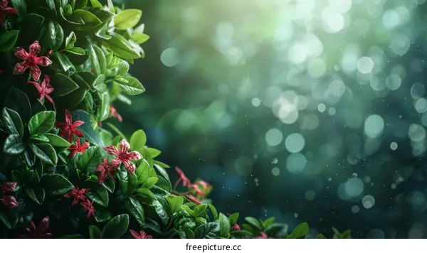 vibrant green leaves and red flowers with blurred background
