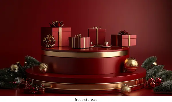 Christmas Gift Boxes on a Red Display Podium
