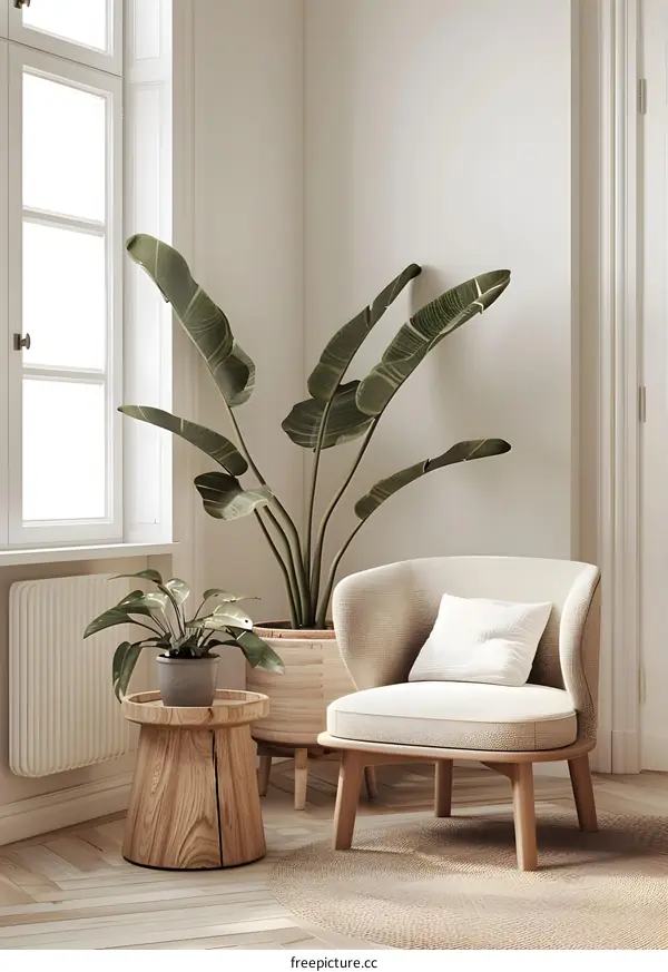 Minimalist Living Room Interior Design with White Chair and Plants