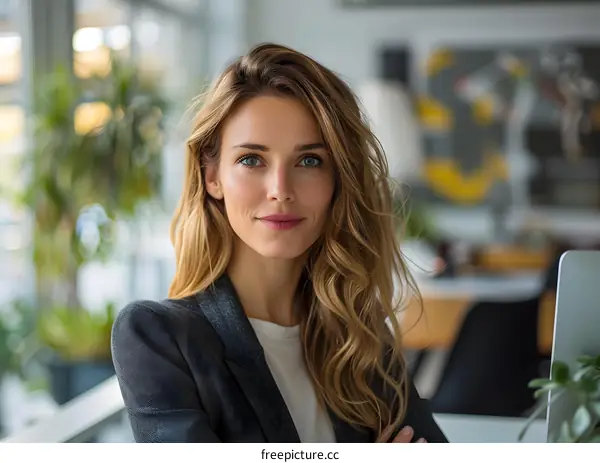Portrait of a beautiful young woman in a suit standing in an office