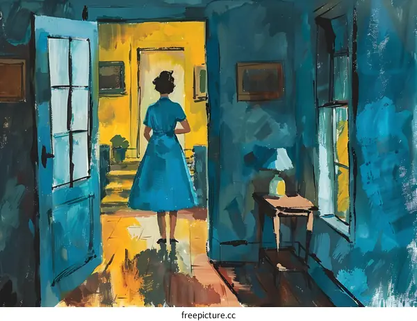 A woman standing in a blue room with a yellow door