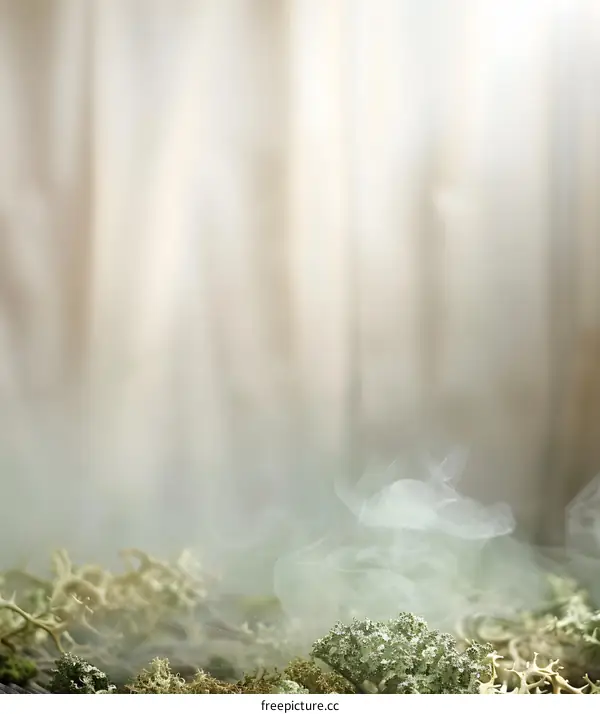 White Foggy Background with Green Moss and Wood Texture
