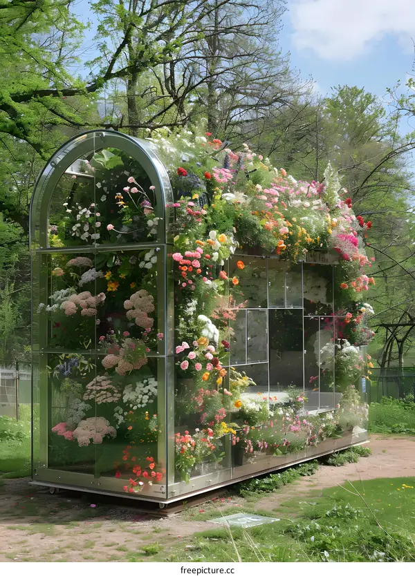 Glass Greenhouse Structure Covered In Colorful Flowers