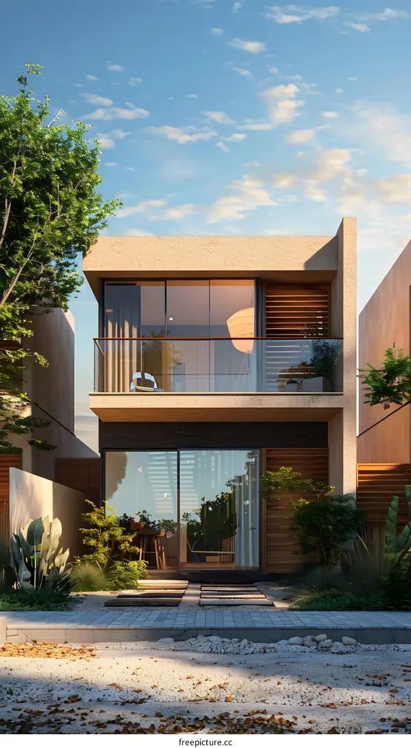 Modern Two Story House with Balcony and Garden
