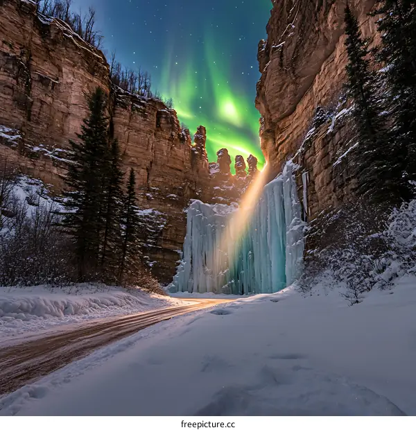Northern Lights Shining Through Frozen Waterfall in Canyon
