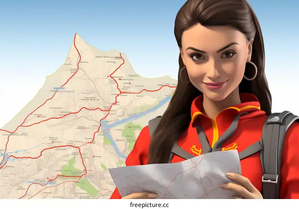 A young woman standing in front of a map of Russia