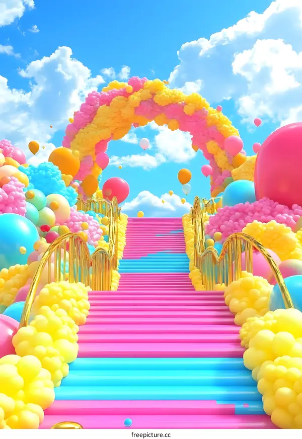Pink and Yellow Balloon Staircase Leading to the Sky