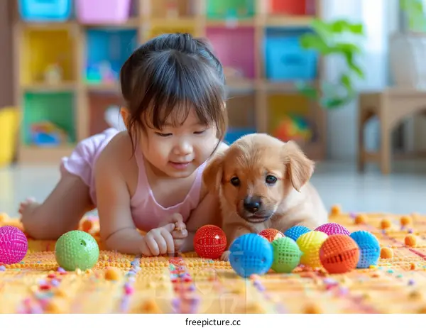 Asian toddler girl playing with a puppy