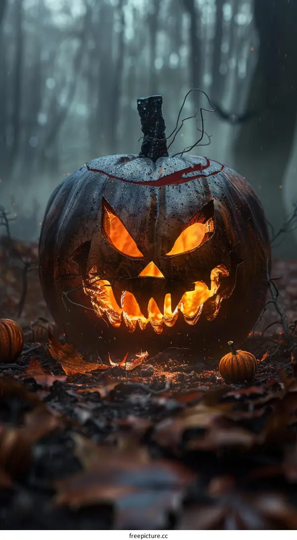 Halloween Pumpkin in the Dark Forest